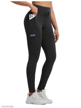 Fleece Lined Thermal Leggings High Waist Drawstring 4 Pocket Stretch Tights